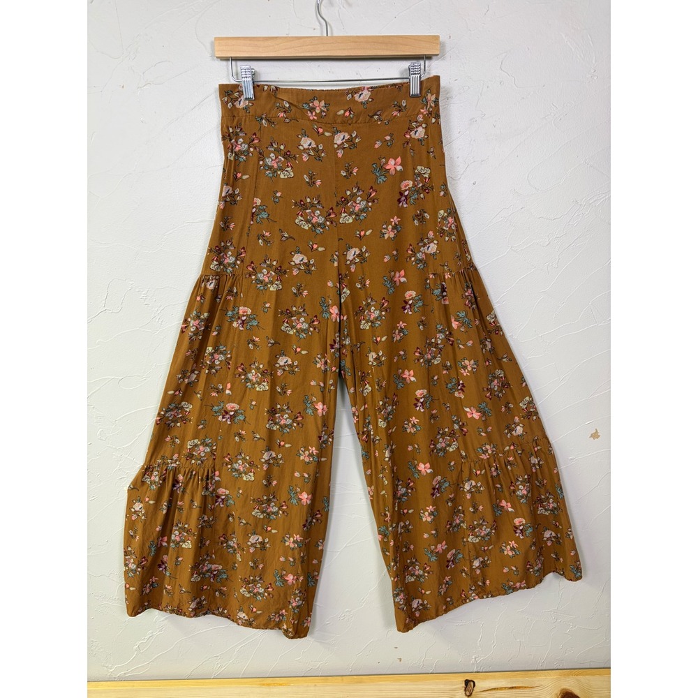 Natural Life Aria Wide Leg Pants Women Medium Brown Floral Tiered Boho Cottage